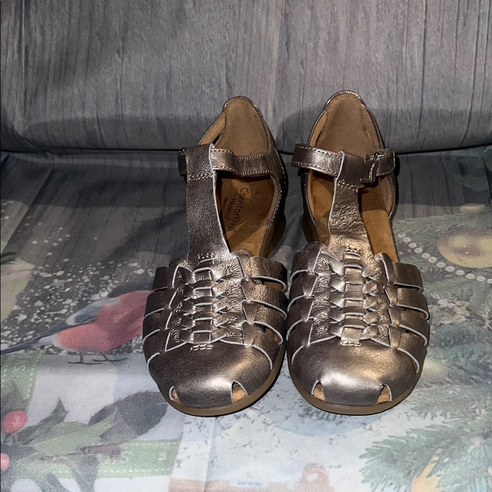 Comfortiva Women’s Metallic Bronze T-Strap Sandals